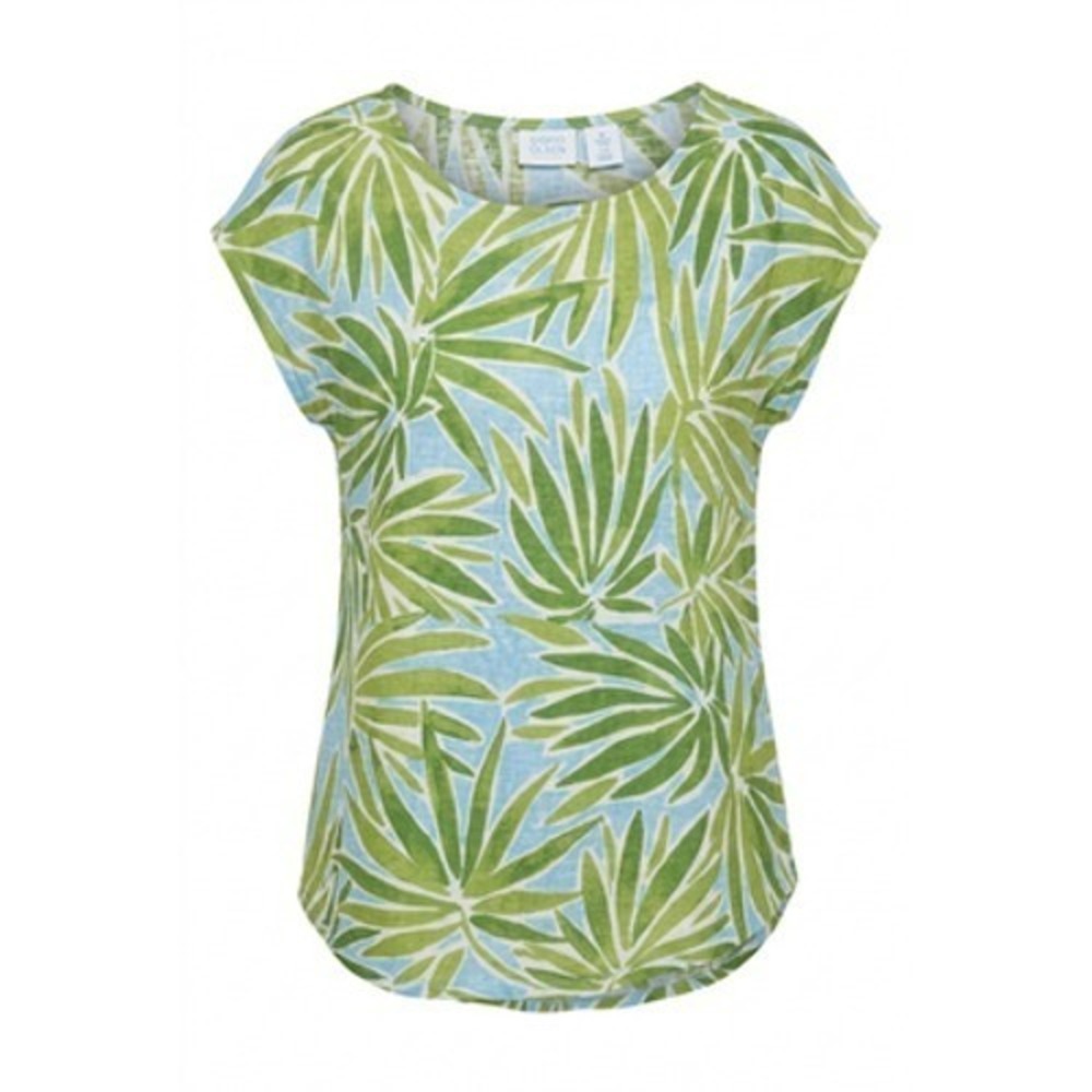 Sigrid Olsen 100% Linen Top Women M Green Tropical Palm Leaf Coastal Beachy Vaca